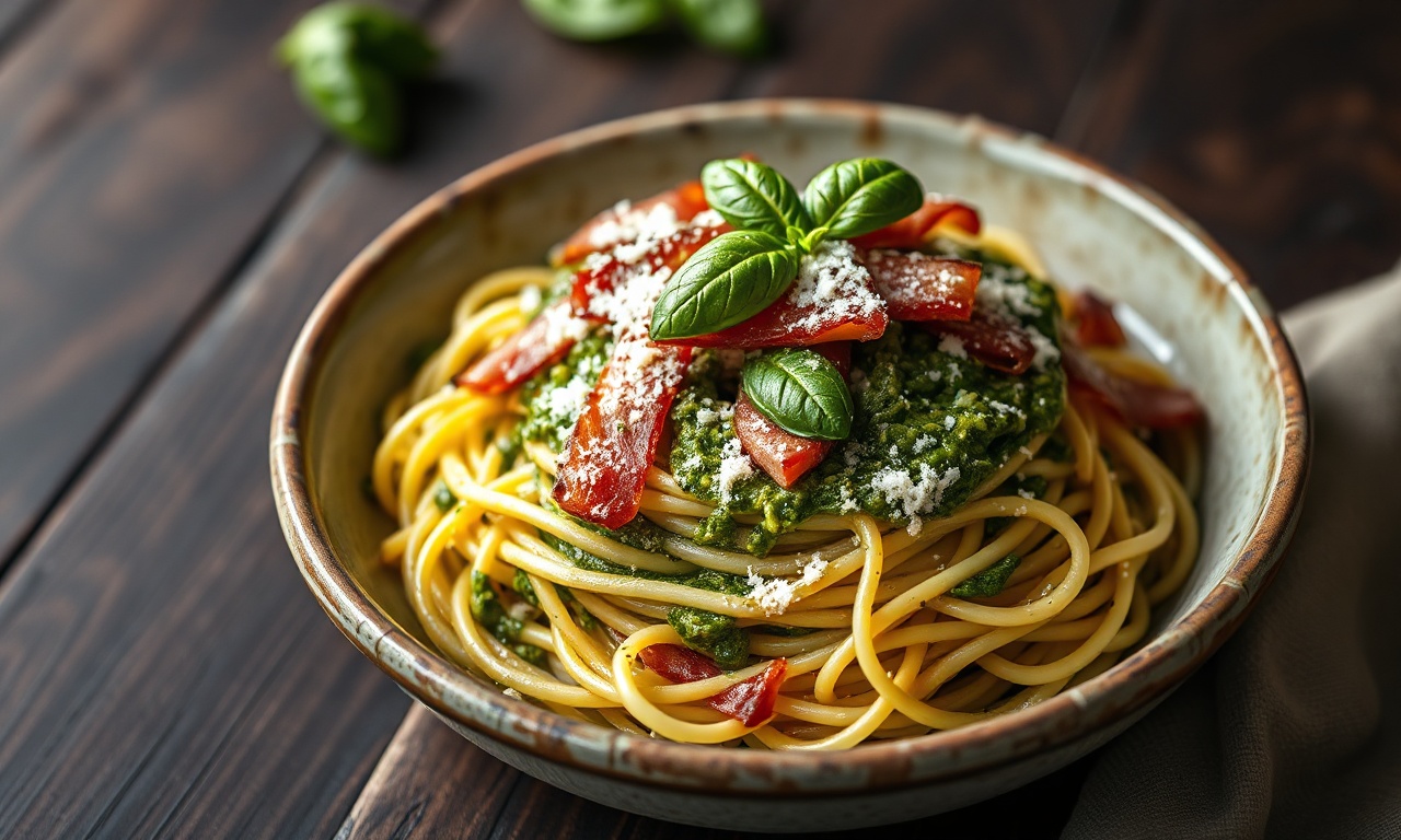 Espaguete al dente envolto em molho pesto verde e aromático, coberto por lascas douradas de presunto crocante.