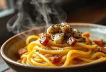 Prato de espaguete envolto em molho de ovo cremoso e brilhante com bacon