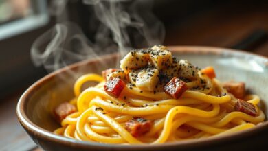Prato de espaguete envolto em molho de ovo cremoso e brilhante com bacon