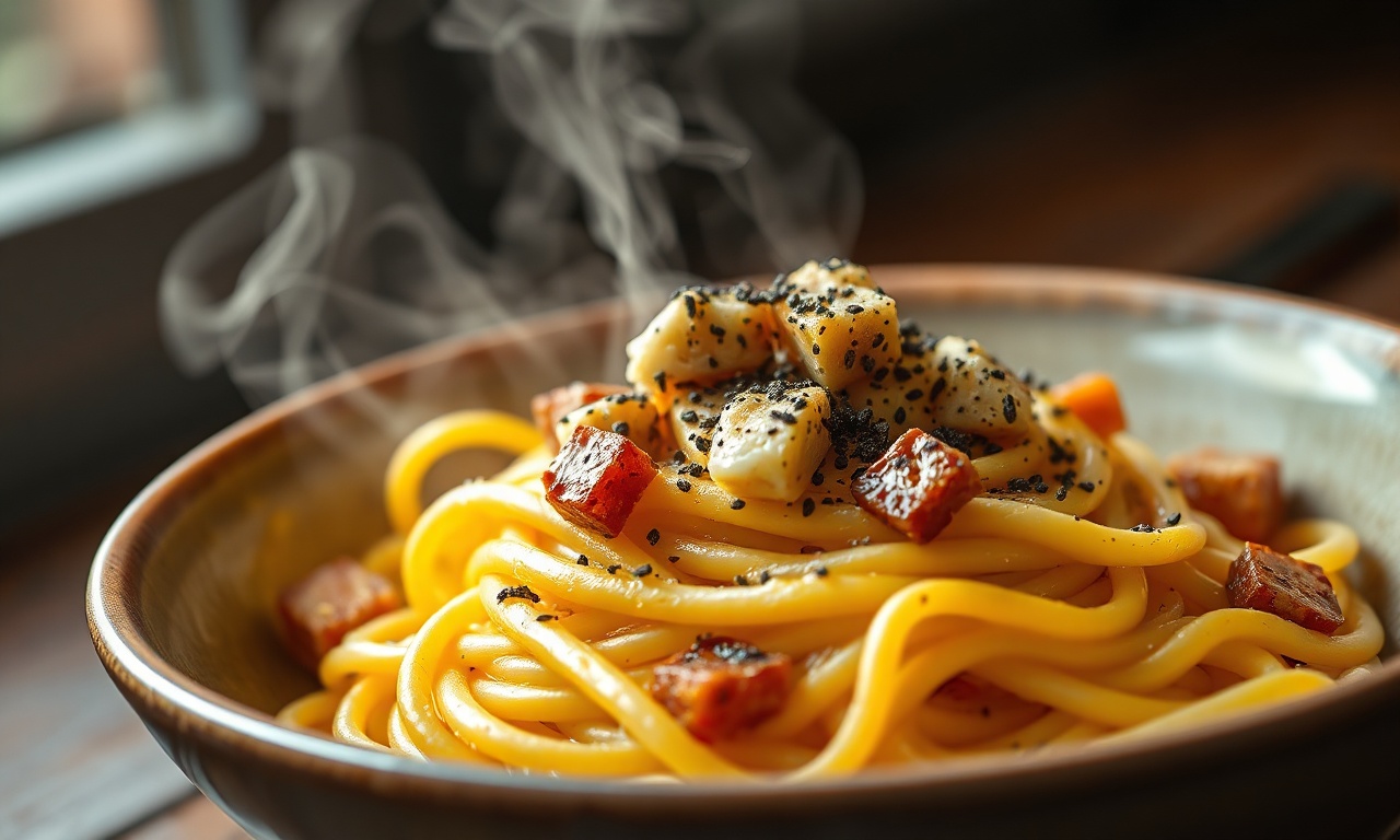 Prato de espaguete envolto em molho de ovo cremoso e brilhante com bacon