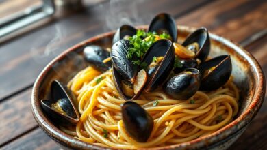 Espaguete al dente com mexilhões abertos, coberto com salsinha fresca e alho dourado, servido em um prato rústico.