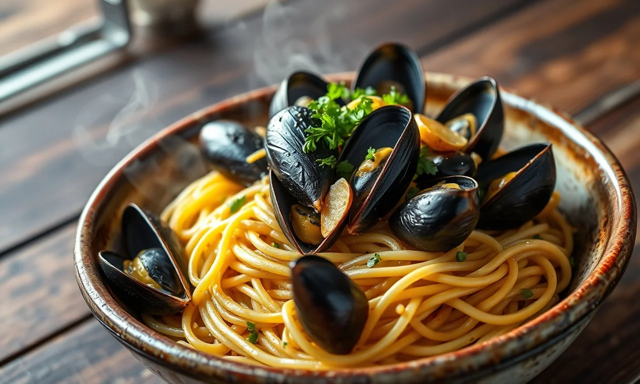 Espaguete al dente com mexilhões abertos, coberto com salsinha fresca e alho dourado, servido em um prato rústico.