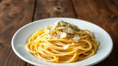 Espaguete al dente coberto por molho alfredo sedoso e brilhante, finalizado com lascas de parmesão e pimenta-do-reino moída na hora.