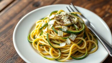 O prato finalizado, com tiras de abobrinha firmes, alho dourado e lascas de parmesão, pronto para servir.
