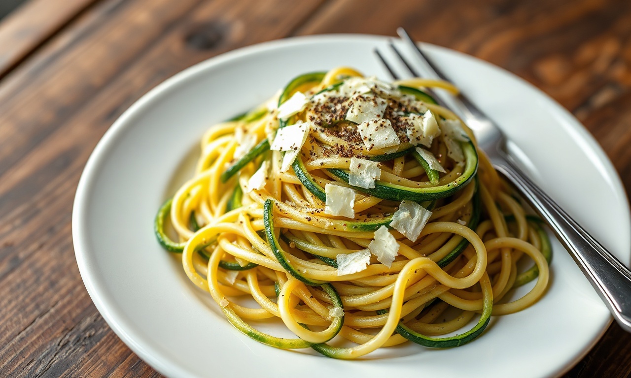 Espaguete De Abobrinha Fofinho E Crocante Em 25 Minutos 3 O prato finalizado, com tiras de abobrinha firmes, alho dourado e lascas de parmesão, pronto para servir.