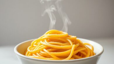 Uma porção de espaguete al dente, com fios soltos e brilhantes, servido em um prato branco rústico.