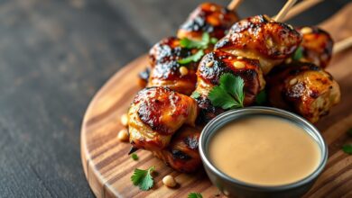 Espetinhos de frango dourados e suculentos servidos com um molho satay cremoso e saboroso.