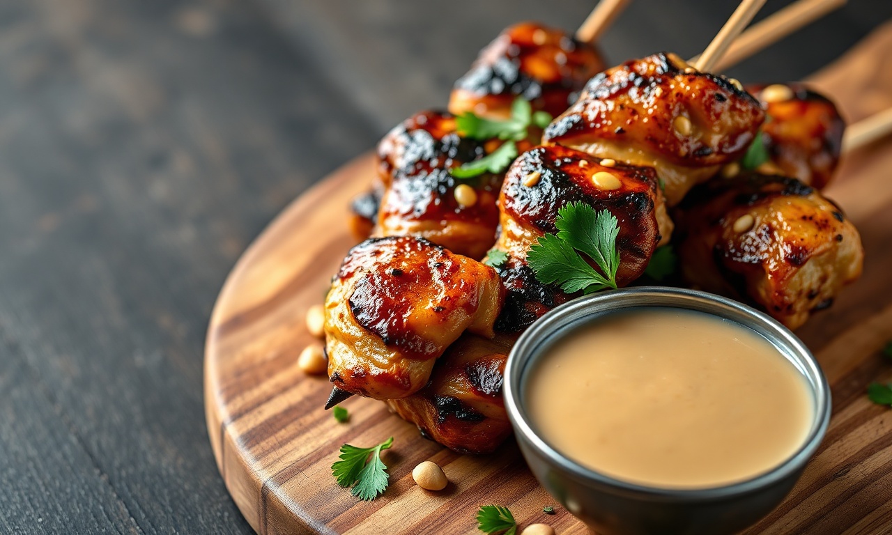 Espetinhos de frango dourados e suculentos servidos com um molho satay cremoso e saboroso.