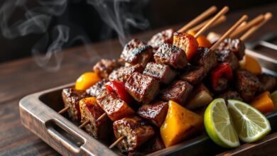 Bandeja de espetinhos dourados com crosta defumada, alternados com cebola roxa caramelizada e pimentões coloridos, prontos para servir.