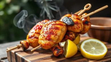 Espetinhos dourados de coração de frango caramelizados na brasa, com marcas de grelha e sabor defumado.