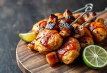 Espetinhos dourados e suculentos, prontos para servir em um churrasco.