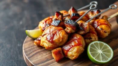 Espetinhos dourados e suculentos, prontos para servir em um churrasco.
