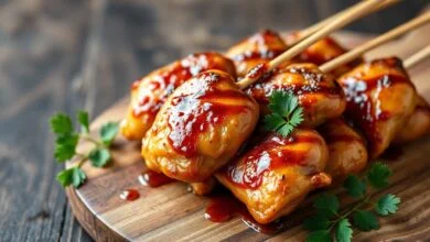 Espetinhos dourados e caramelizados de coração de galinha, prontos para servir como petisco suculento.