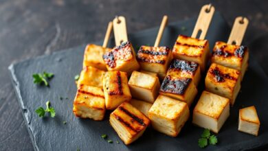 Espetinho De Frango Com Queijo: 4 Versões Fáceis E Suculentas 3 Espetinhos dourados de frango e queijo coalho, prontos para servir em um churrasco.