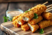 Espetinhos de frango com empanado dourado e textura crocante, prontos para servir.