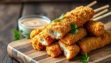 Espetinhos de frango com empanado dourado e textura crocante, prontos para servir.