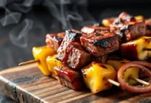 Espetinhos de picanha grelhada, com queijo coalho derretido, pimentões coloridos e cebola roxa, dispostos sobre uma tábua rústica.