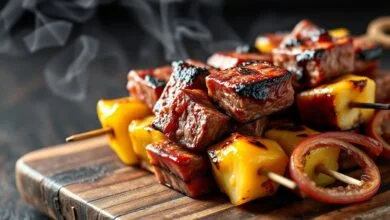 Espetinhos de picanha grelhada, com queijo coalho derretido, pimentões coloridos e cebola roxa, dispostos sobre uma tábua rústica.