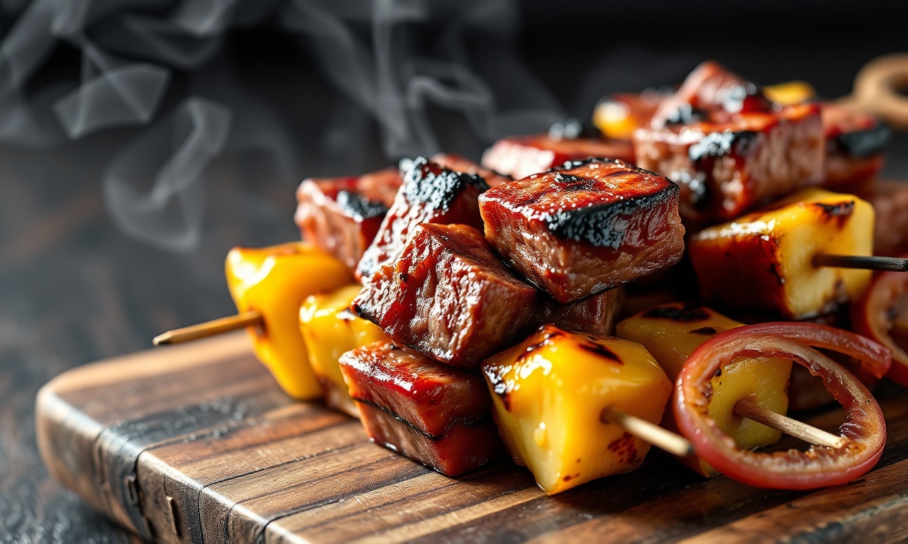 Como Vender Espetinhos Gourmet: Lucro Alto E Receita 3 Espetinhos de picanha grelhada, com queijo coalho derretido, pimentões coloridos e cebola roxa, dispostos sobre uma tábua rústica.