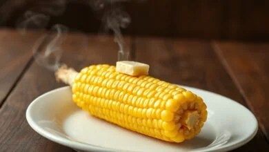 Espiga de milho verde cozida na pressão, com grãos amarelo-dourados e brilhantes, coberta por manteiga derretida, pronta para servir.