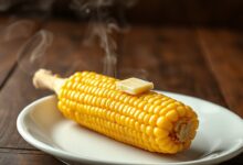 Espiga de milho dourada e brilhante, banhada em manteiga derretida, pronta para comer.
