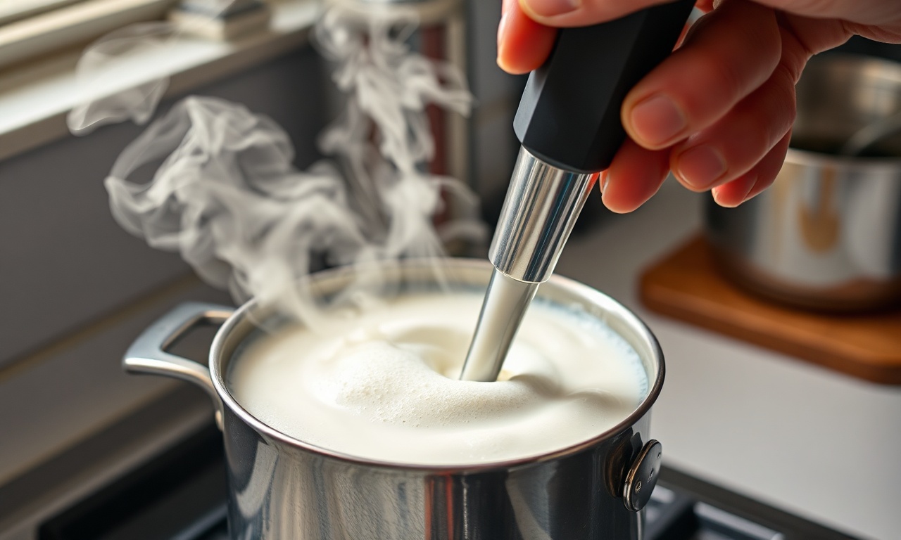 O momento em que o leite vegetal é batido para criar a espuma perfeita.