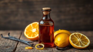 Uma garrafa escura e elegante com essência de panetone dourada, ao lado de cascas frescas de laranja e limão e uma vagem de baunilha aberta, sobre uma superfície de madeira rústica.
