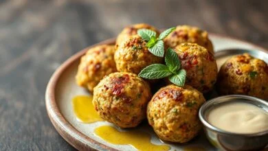 Bolinhos de falafel de forno uniformemente dourados, com leve crosta crocante, dispostos sobre uma superfície rústica, prontos para servir.