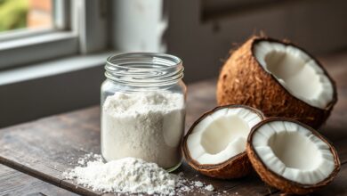 Pote de vidro com farinha de coco caseira branca e solta, ao lado de um coco fresco inteiro e partido.