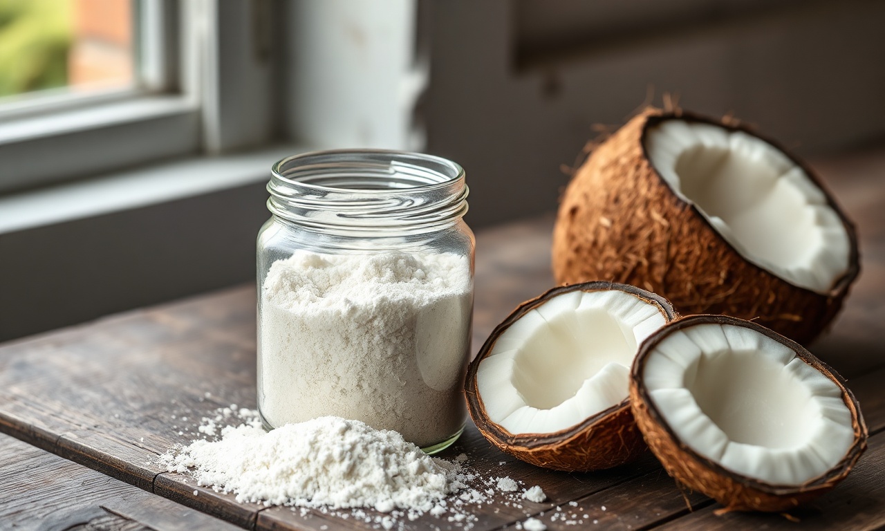 Farinha De Coco Caseira Em 45 Min: Simples E Econômica 3 Pote de vidro com farinha de coco caseira branca e solta, ao lado de um coco fresco inteiro e partido.
