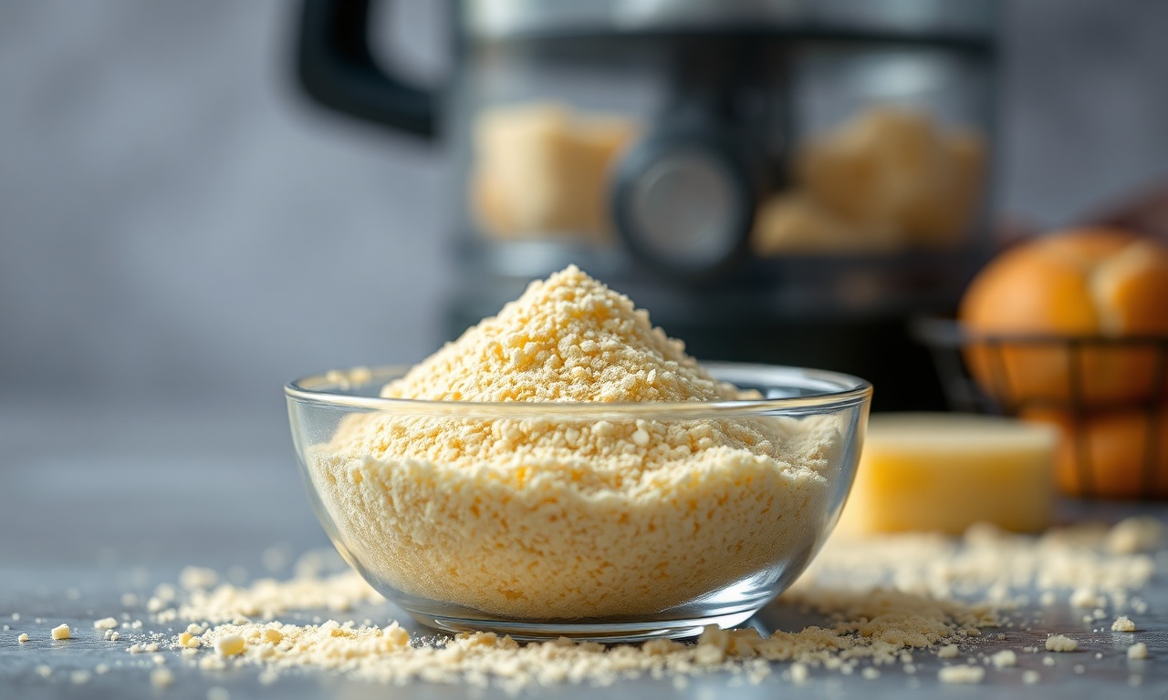 Pão de queijo triturado transformado em pó fino.