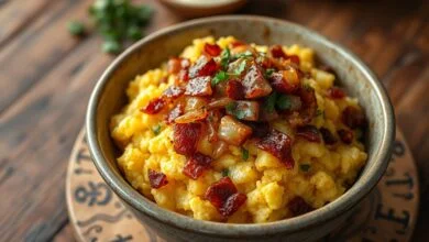 Farofa dourada e soltinha com pedaços visíveis de bacon e temperos verdes
