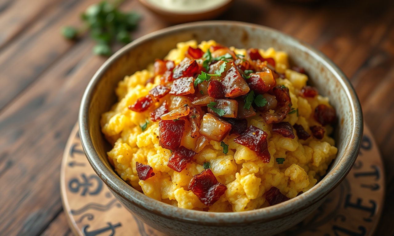 Farofa dourada e soltinha com pedaços visíveis de bacon e temperos verdes
