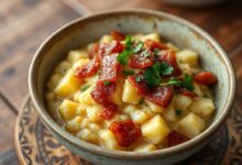Uma tigela de farofa solta e úmida, com pedaços dourados de bacon e ovo, finalizada com salsinha fresca.
