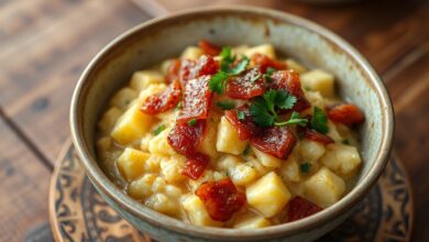 Uma tigela de farofa solta e úmida, com pedaços dourados de bacon e ovo, finalizada com salsinha fresca.