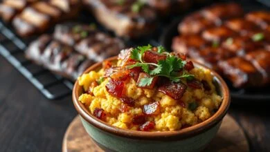 Farofa dourada e solta, com cubos de bacon crocante e toques vibrantes de cheiro-verde fresco, servida em uma tigela rústica de cerâmica.