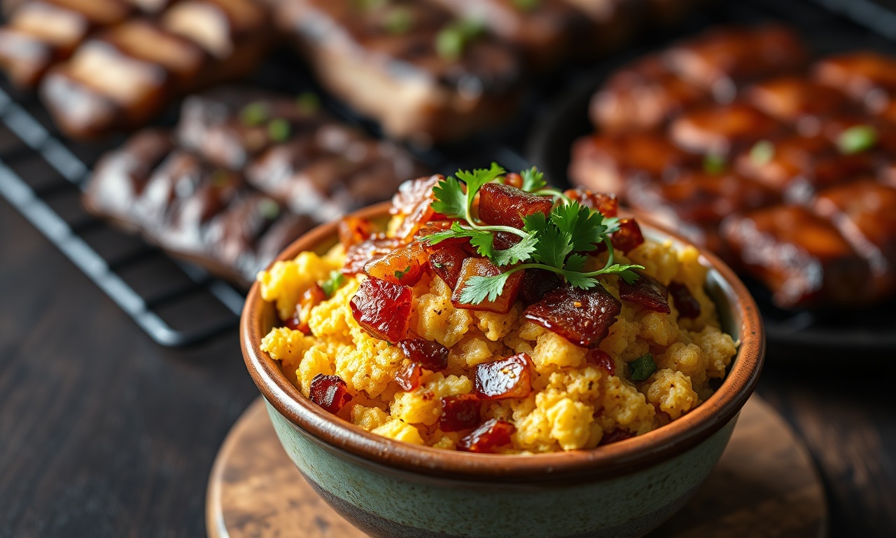 Farofa Crocante Perfeita Para Carne Assada Em 30 Min 3 Farofa dourada e solta, com cubos de bacon crocante e toques vibrantes de cheiro-verde fresco, servida em uma tigela rústica de cerâmica.