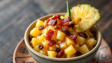 Farofa soltinha e dourada com pedaços crocantes de bacon, cubinhos de abacaxi e uvas-passas, servida em tigela de cerâmica.
