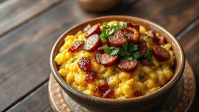 Farofa soltinha e dourada com pedaços de bacon e calabresa, finalizada com salsinha fresca.