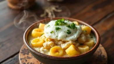 Farofa úmida e dourada com rodelas de banana, pedaços de ovo e toque de salsa fresca, servida em tigela rústica.