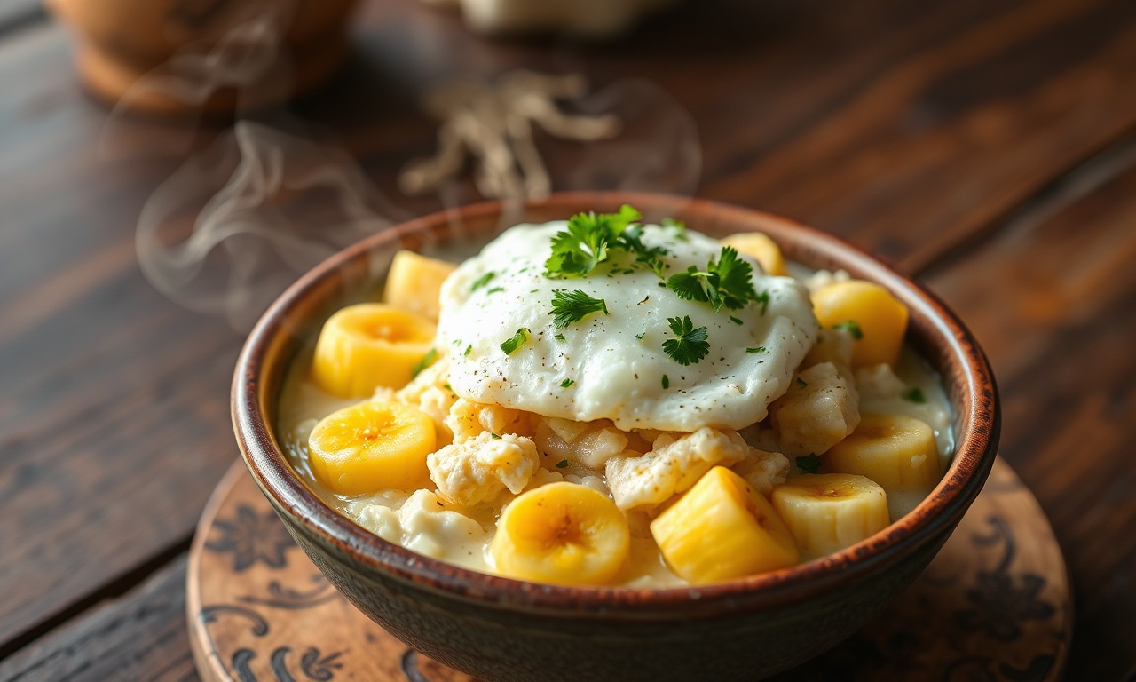 Farofa úmida e dourada com rodelas de banana, pedaços de ovo e toque de salsa fresca, servida em tigela rústica.