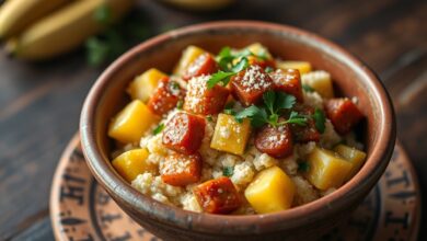 Farofa solta e dourada servida em tigela de barro, com pedaços de calabresa e banana-da-terra à vista.