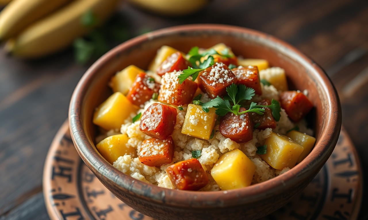 Farofa solta e dourada servida em tigela de barro, com pedaços de calabresa e banana-da-terra à vista.
