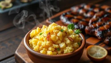 Farofa dourada e solta, com pedacinhos de alho tostado e salsão, servida em uma tigela de barro rústica, pronta para acompanhar a carne.