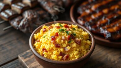 Tigela de barro rústica com farofa dourada, granulada e soltinha, com pedacinhos de bacon crocante e toques de salsinha fresca.