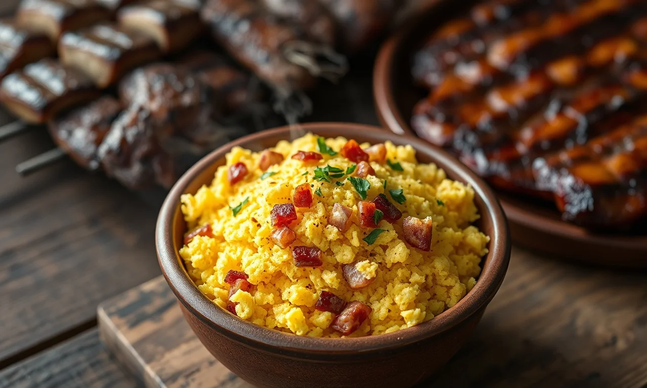 Tigela de barro rústica com farofa dourada, granulada e soltinha, com pedacinhos de bacon crocante e toques de salsinha fresca.