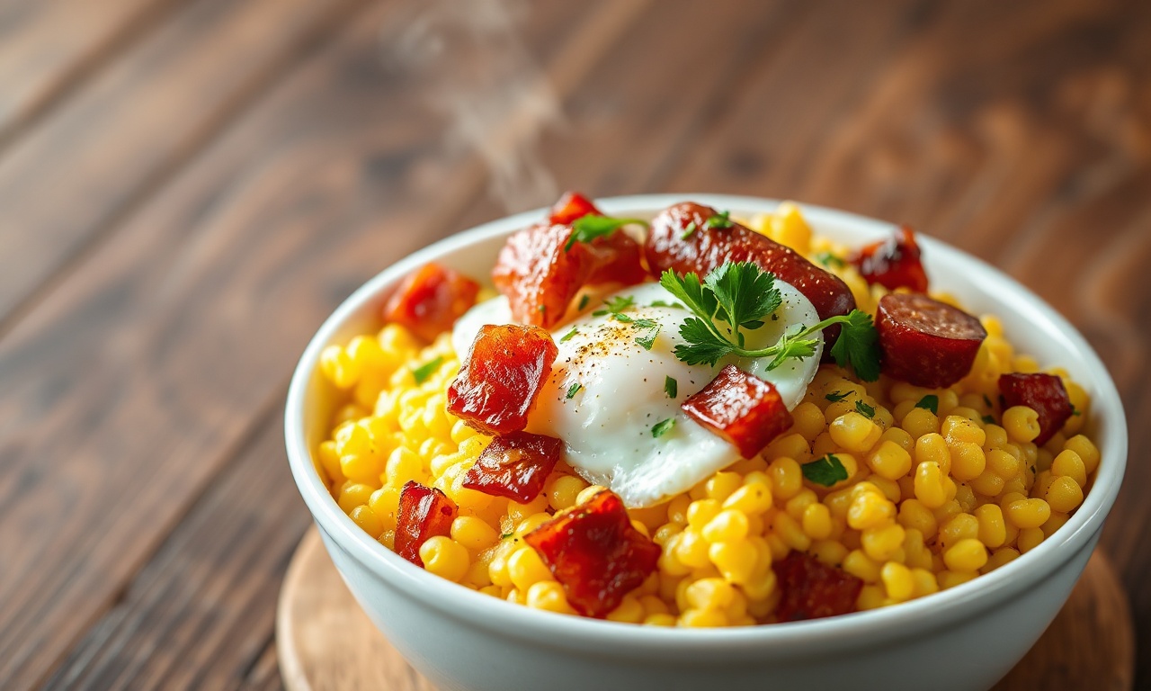Farofa de cuscuz dourada e granulada em uma travessa branca, com pedaços de calabresa, bacon crocante, ovo mexido e salsinha fresca picada por cima.