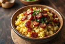 Uma generosa travessa de farofa solta e dourada, repleta de cubos de bacon crocante e rodelas de linguiça calabresa, finalizada com cheiro-verde fresco.