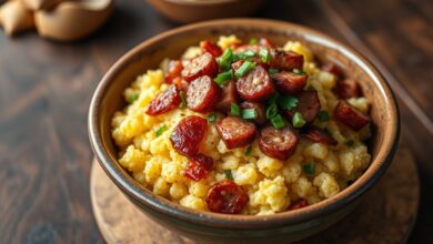 Uma generosa travessa de farofa solta e dourada, repleta de cubos de bacon crocante e rodelas de linguiça calabresa, finalizada com cheiro-verde fresco.