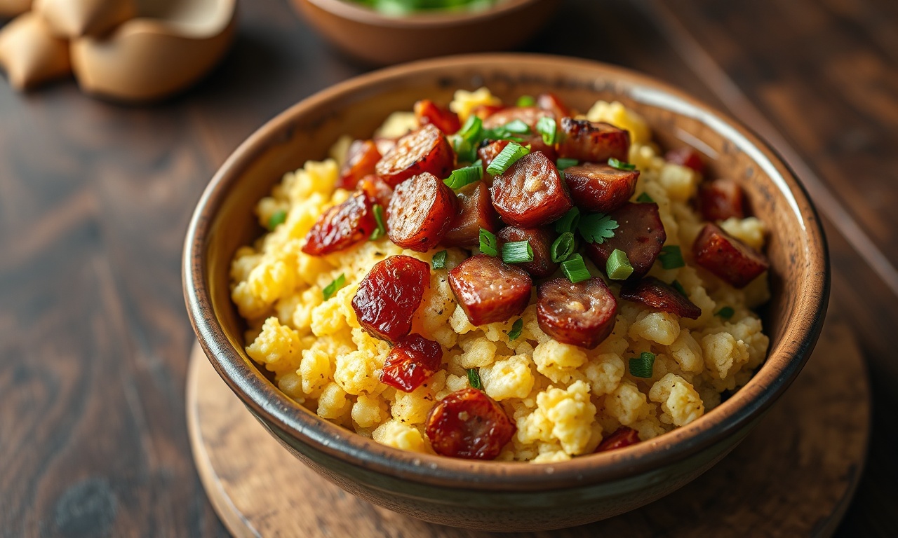 Uma generosa travessa de farofa solta e dourada, repleta de cubos de bacon crocante e rodelas de linguiça calabresa, finalizada com cheiro-verde fresco.